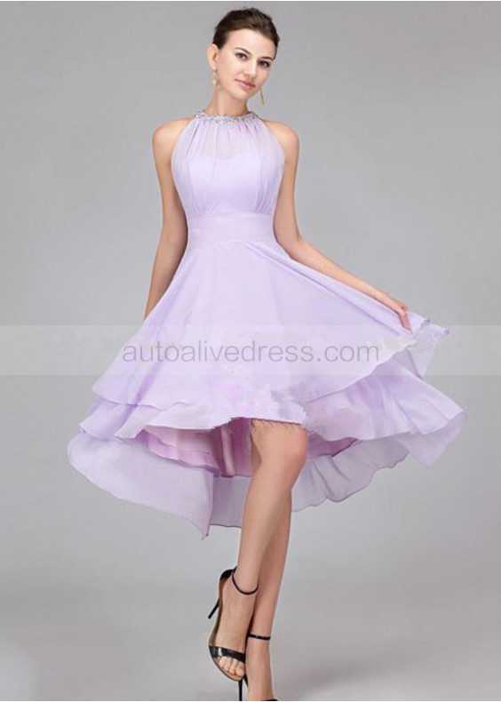 Lilac Chiffon Jewel Neckline Hi Low Short Prom Dress